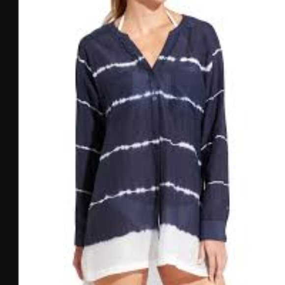 ATHLETA TIE DYE STRIPE KAFTAN SHIRT coverup blue white button silk beach LARGE - Picture 13 of 13